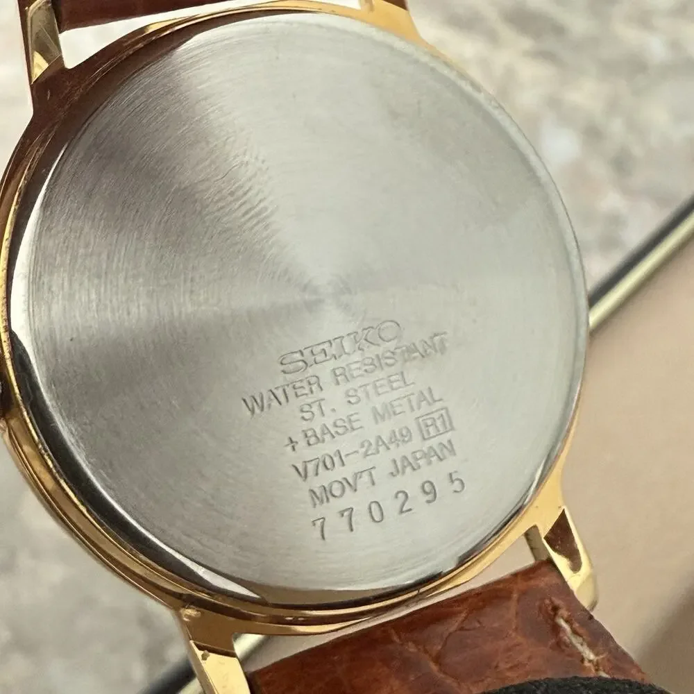 VTG Seiko Women Gold Tone Flat Round Watch Kroger Emblem Calf Leather JAPAN New